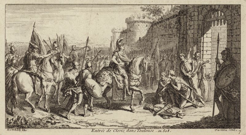 Clovis I, król Franków, wkraczający do Tuluzy po pokonaniu Wizygotów, 508 autorstwa French School