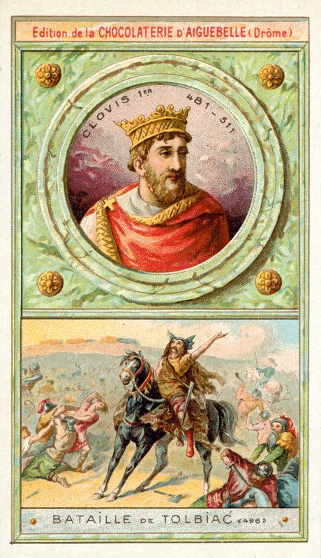 Clovis I w bitwie pod Tolbiac, 496 (chromolitho) autorstwa French School