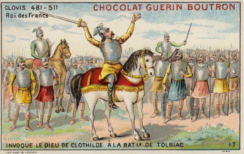 Clovis I przyzywający Boga Klotyldy w bitwie pod Tolbiac, 496 (chromolitho) autorstwa French School