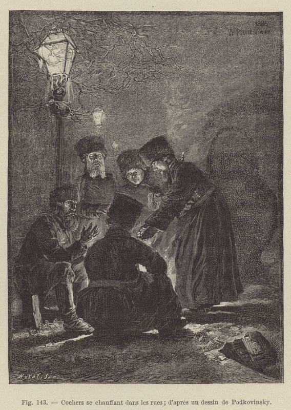 Woźnicy grzejący się na ulicach (grawerowanie) autorstwa French School
