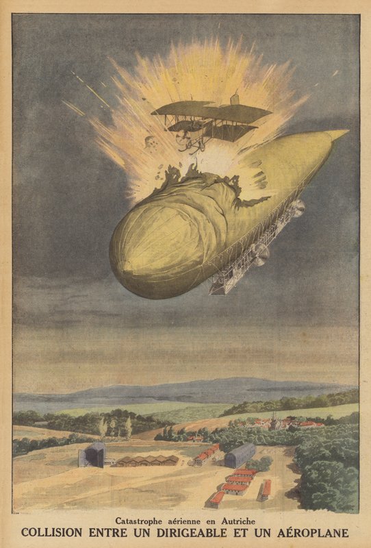 Zderzenie sterowca z samolotem w Austrii (litografia kolorowa) autorstwa French School