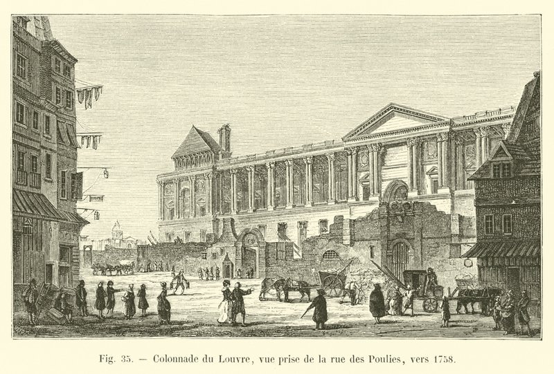 Kolumnada Luwru, widok z rue des Poulies, ok. 1758 autorstwa French School