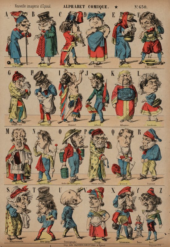 Alfabet komiksowy (kolorowy grawerunek) autorstwa French School