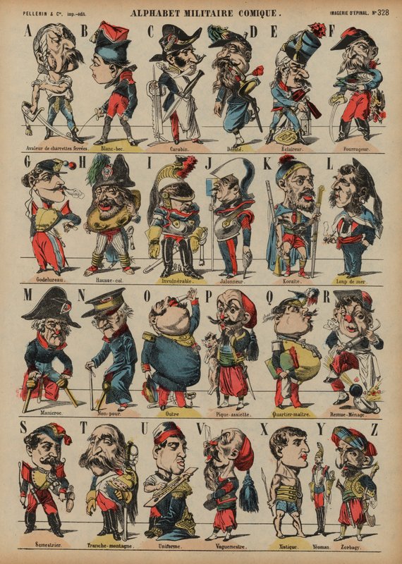 Komiks wojskowy alfabet (kolorowy grawerunek) autorstwa French School