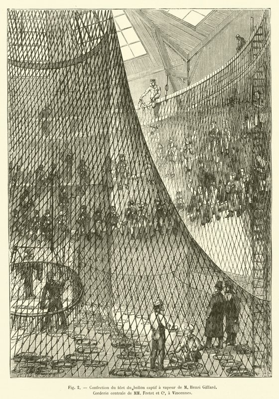 Wykonanie sieci uwięzionego balonu parowego M Henri Giffard, Corderie centrale MM Fretet et Ce, w Vincennes (rycina) autorstwa French School