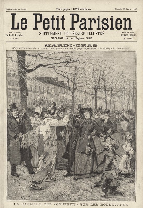Bitwa konfetti na bulwarach Paryża na Mardi Gras (grafika) autorstwa French School
