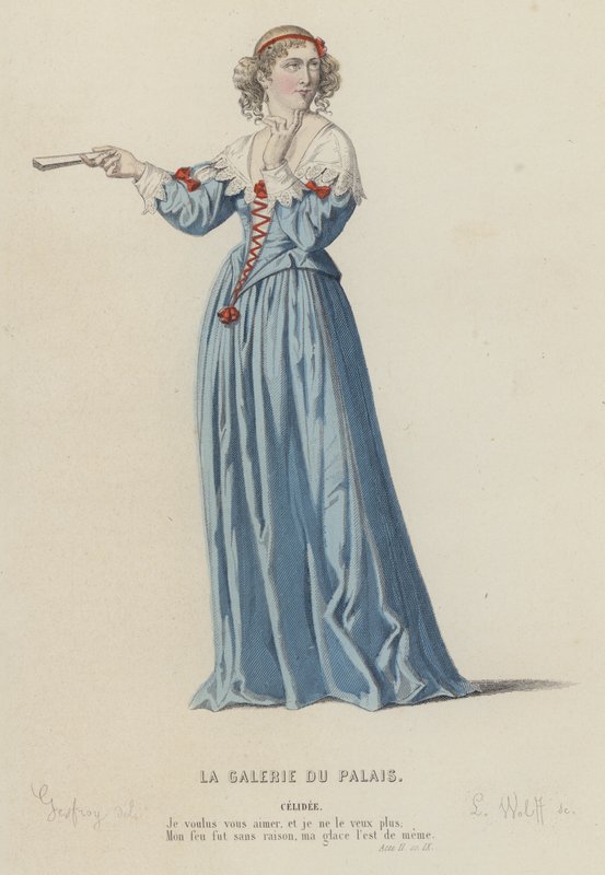 Corneille, La Galerie Du Palais, Akt II, Sc IX (kolorowy grawerunek) autorstwa French School