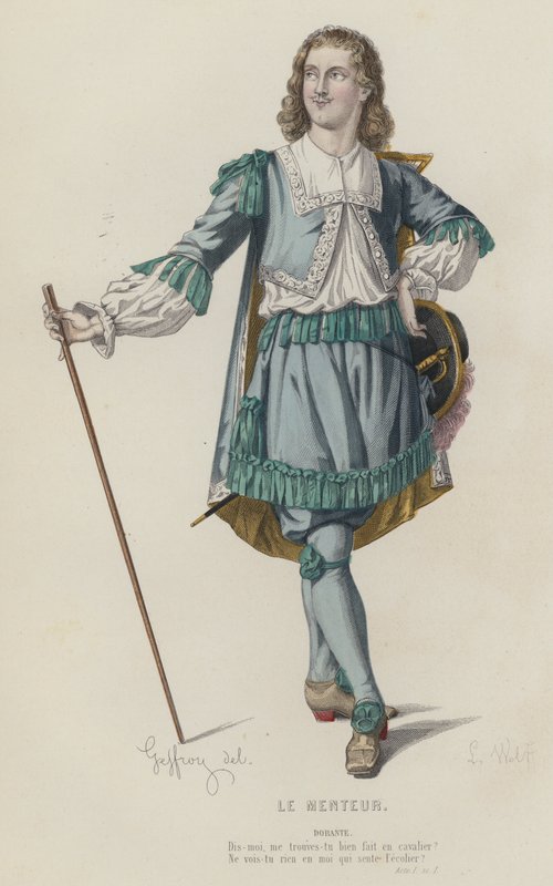 Corneille, Le Menteur, Akt I, Sc I (kolorowy grawerunek) autorstwa French School