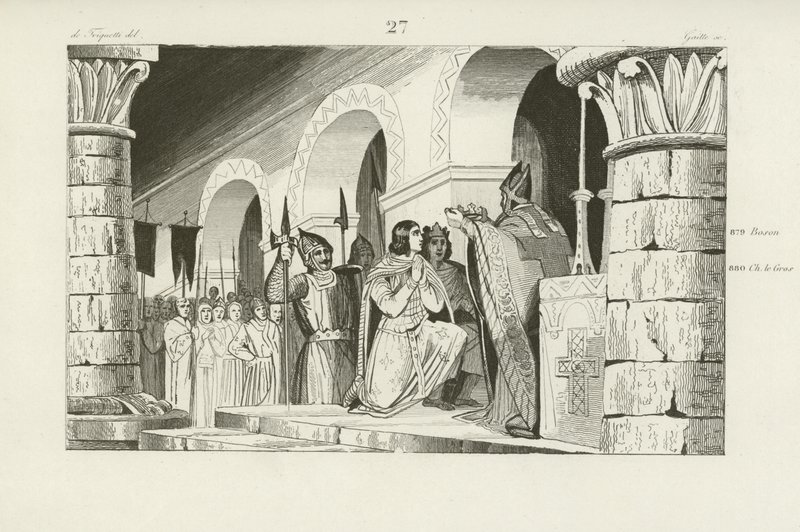 Koronacja Ludwika III i Carlomana na królów zachodniej Francji, 879 autorstwa French School