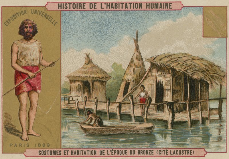 Kostiumy i domy nad jeziorem z epoki brązu (chromolitho) autorstwa French School
