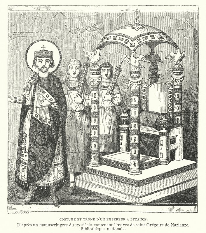 Kostium i tron cesarza bizantyjskiego, IX w. (rycina) autorstwa French School