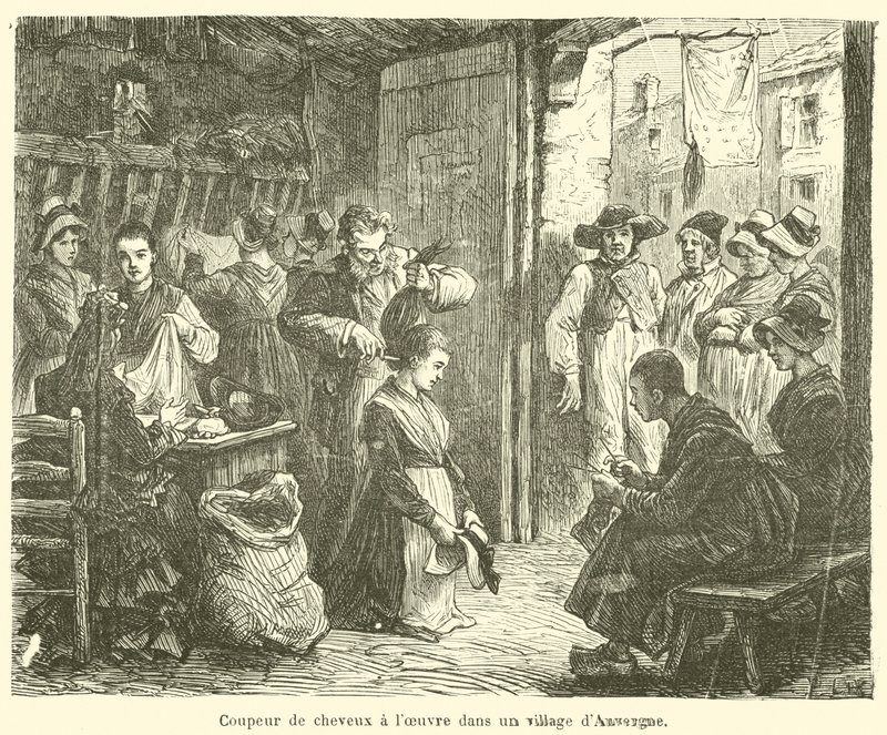 Fryzjer przy pracy na wsi w Owernii (grawerowanie) autorstwa French School