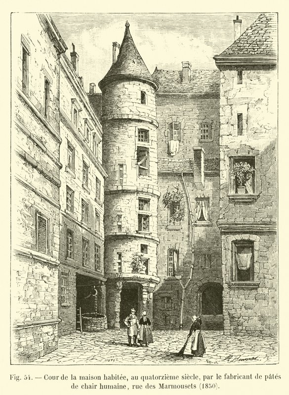 Dziedziniec domu zamieszkiwanego w XIV wieku przez wytwórcę makaronu z ludzkiego mięsa, rue des Marmousets, 1850 autorstwa French School