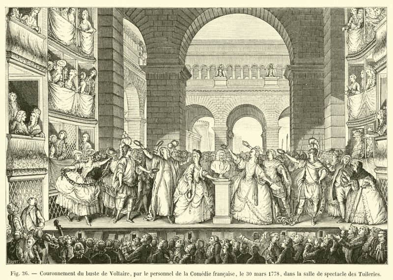 Koronacja popiersia Woltera przez personel Comedie francaise 30 marca 1778 r. w sali widowiskowej Tuileries autorstwa French School