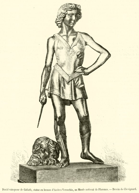 Dawid podbijający Goliata, posąg z brązu autorstwa Andrei Verocchio, w Muzeum Narodowym we Florencji (rycina) autorstwa French School