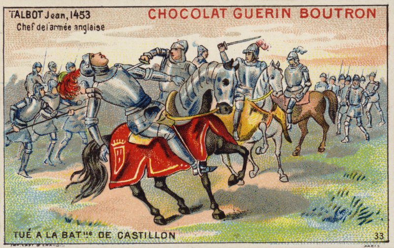 Śmierć Johna Talbota w bitwie pod Castillon (chromolitho) autorstwa French School