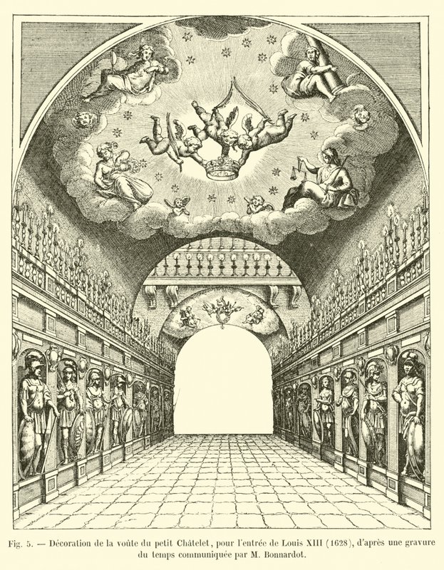 Dekoracja sklepienia Petit Chatelet, na wejście Ludwika XIII, 1628, po rycinie czasu przekazanej przez M Bonnardota autorstwa French School