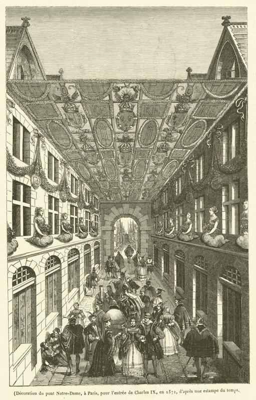 Dekoracja Pont Notre-Dame w Paryżu z okazji wjazdu Karola IX w 1571 r. (rycina) autorstwa French School