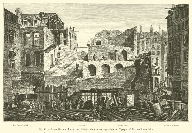 Rozbiórka Chatelet, rok 10, 1802; po akwatincie lepoque, kolekcja Bonnardot autorstwa French School