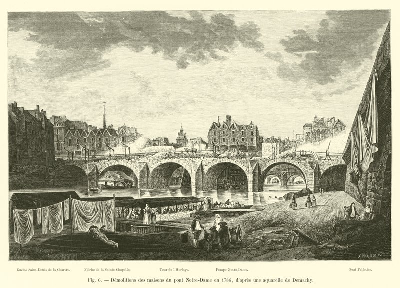 Rozbiórki domów na moście Notre-Dame w 1786 r., według akwareli Demachy autorstwa French School