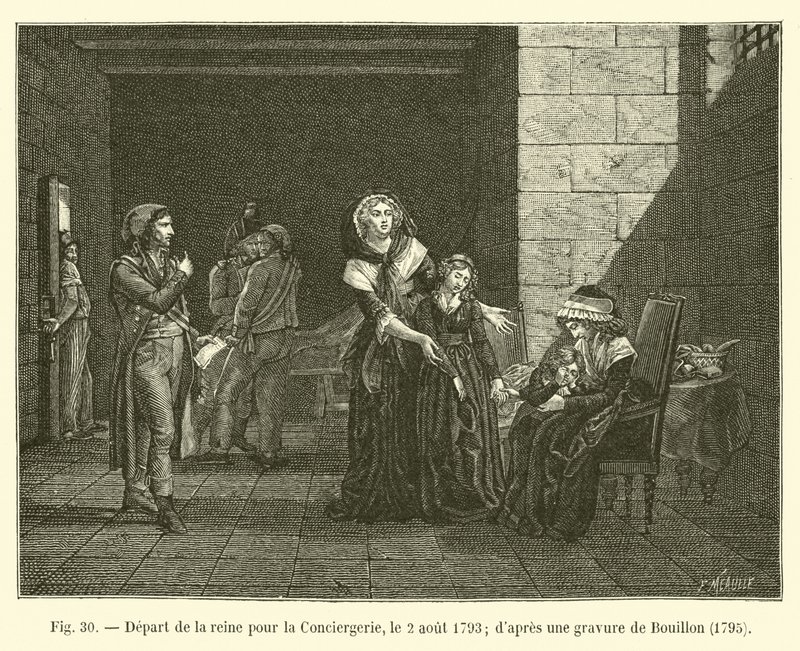 Wyjazd królowej do Conciergerie, 2 sierpnia 1793; po rycinie Bouillona, ​​1795 autorstwa French School