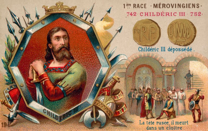 Osadzanie Childeryka III, 752 (chromolitho) autorstwa French School