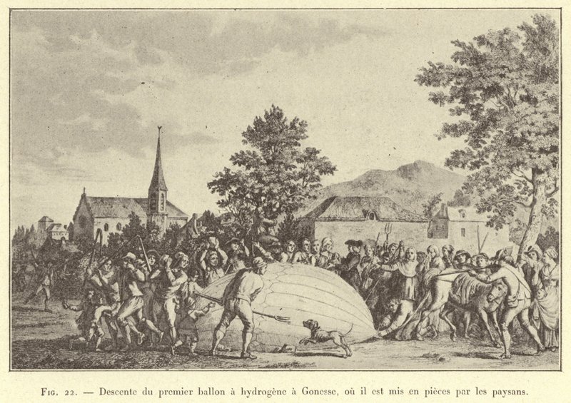 Zejście pierwszego balonu z wodorem do Gonesse, gdzie zostaje rozerwany na kawałki przez chłopów (rytowanie) autorstwa French School