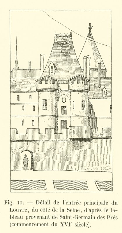Fragment głównego wejścia do Luwru od strony Sekwany, według obrazu z Saint-Germain des Pres, początek XVI w. autorstwa French School