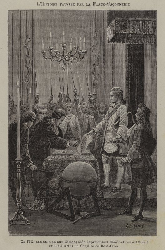 Wypaczanie historii przez masonów: rzekome ustanowienie kapituły różokrzyżowców przez pretendenta Charlesa Edwarda Stuarta w Arras w 1747 (rycina) autorstwa French School