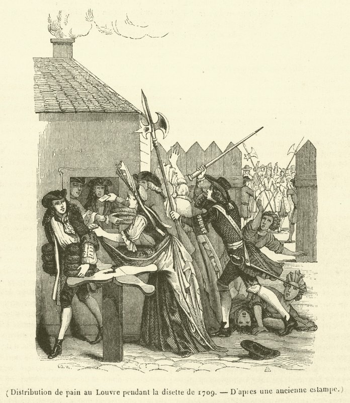 Dystrybucja chleba w Luwrze podczas niedoboru żywności w 1709 r. (rycina) autorstwa French School