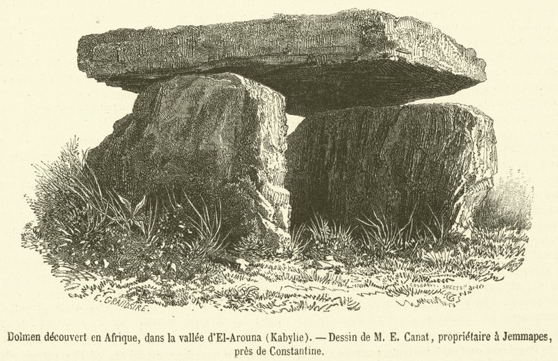 Dolmen odkryty w Afryce, w dolinie El-Arouna, Kabylie (rycina) autorstwa French School
