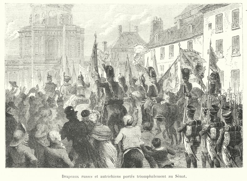 Flagi rosyjskie i austriackie niosą triumfalnie do Senatu (grawerowanie) autorstwa French School