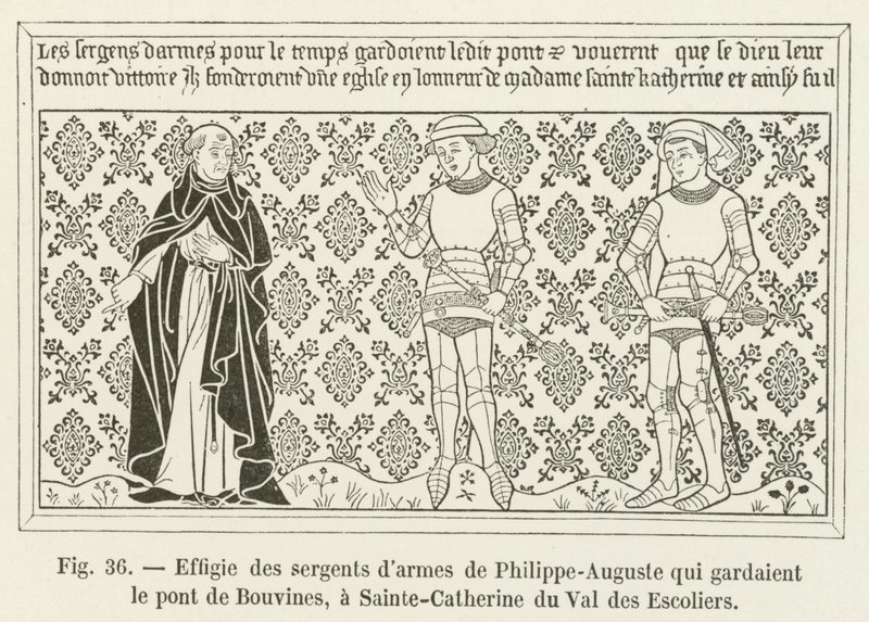 Wizerunek sierżantów zbrojnych Philippe-Auguste, którzy strzegli mostu Bouvines, w Sainte-Catherine du Val des Escoliers autorstwa French School