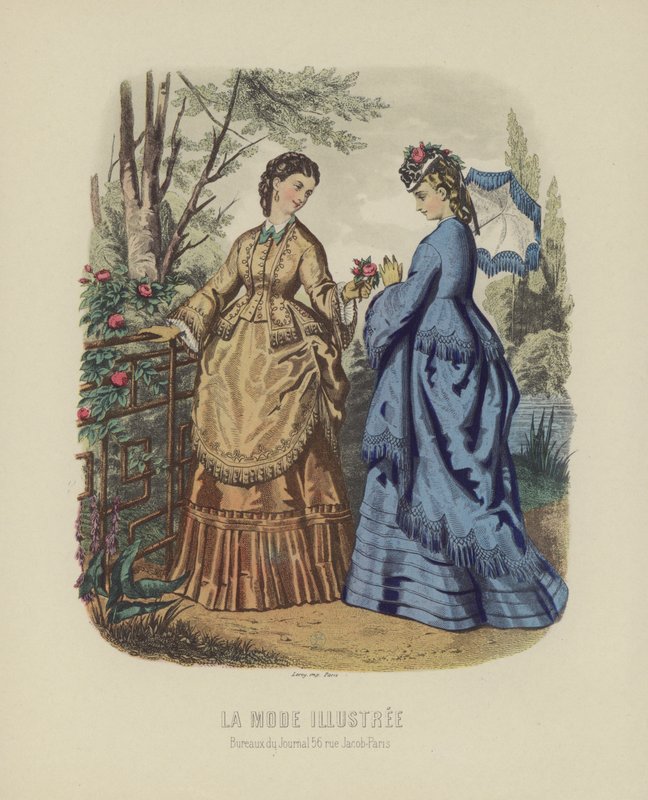 Eleganckie kobiety w sukience z epoki stojące w ogrodzie autorstwa French School