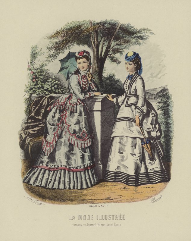 Eleganckie kobiety w sukience z epoki stojące w ogrodzie autorstwa French School