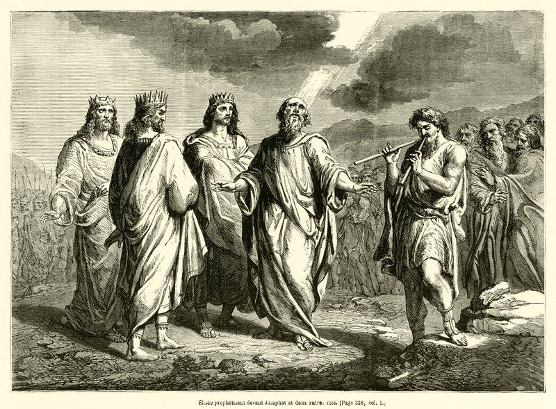 Elizeusz prorokuje przed Jehoszafatem i dwoma innymi królami (rycina) autorstwa French School