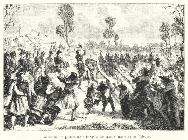Entuzjazm ludności z powodu przybycia wojsk francuskich do Polski (rycina) autorstwa French School
