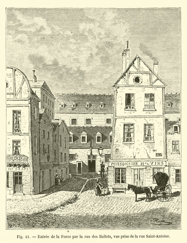 Wejście do La Force przez rue des Ballets, widok z rue Saint-Antoine autorstwa French School