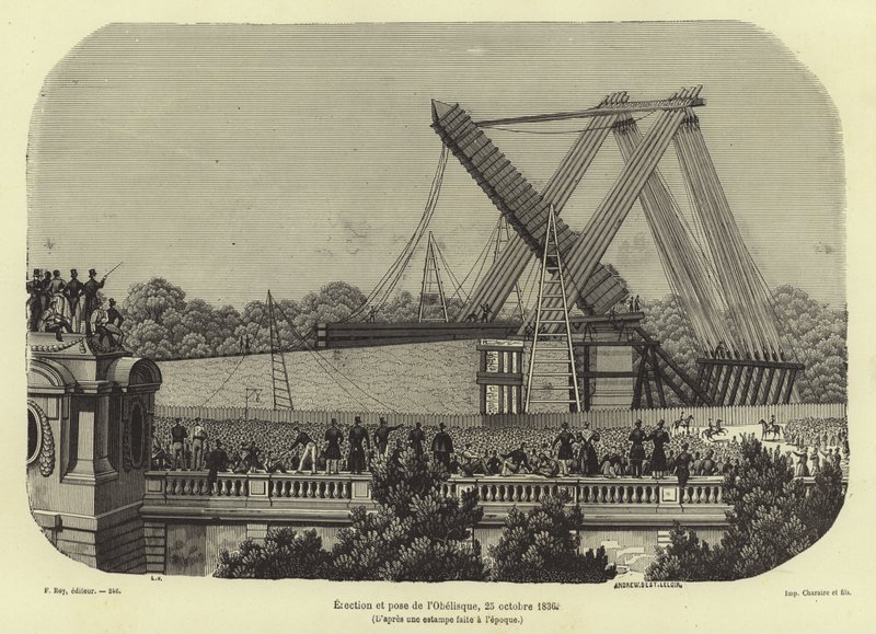 Wzniesienie Obelisku Luksorskiego, Paryż, 1836 autorstwa French School