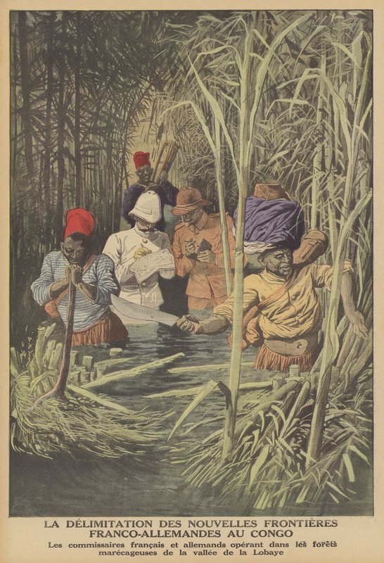 Ustalenie granicy między terytoriami francuskimi i niemieckimi w Kongo (kolor lito) autorstwa French School