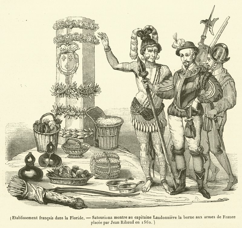 Francuski zakład na Florydzie, Satouriona pokazuje kapitanowi Laudonniere terminal z herbem Francji umieszczonym przez Jeana Ribauda w 1562 roku (rycina) autorstwa French School