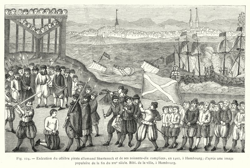 Egzekucja słynnego niemieckiego pirata Stoertecka i jego siedemdziesięciu wspólników w 1402 r. w Hamburgu; wg popularnego wizerunku z końca XVI wieku, City Bibl, Hamburg (rycina) autorstwa French School
