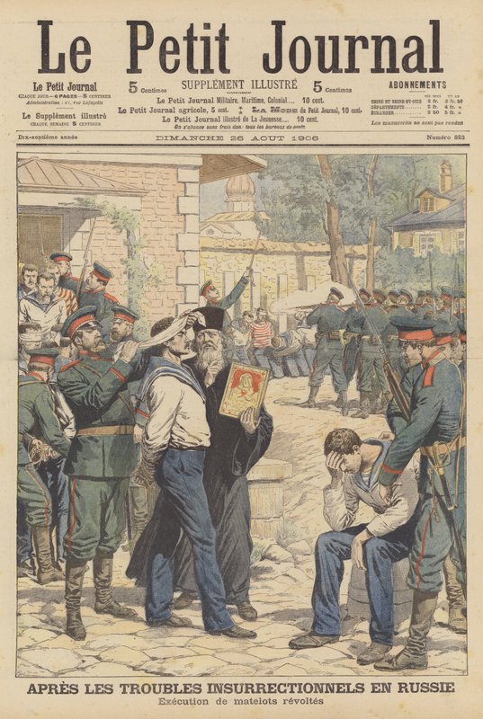 Egzekucja rosyjskich marynarzy, którzy zbuntowali się w sierpniu 1906 (kolor lito) autorstwa French School
