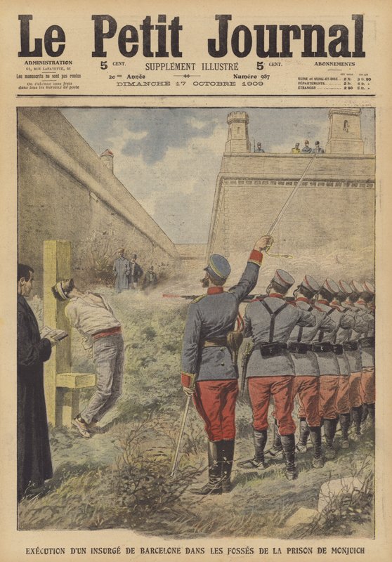 Egzekucja uczestnika powstań w Barcelonie w lipcu 1909 w więzieniu Monjuich (kolor lito) autorstwa French School