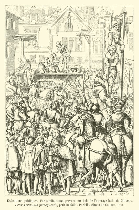 Egzekucje publiques, Fac-simile dune gravure sur bois de louvrage latin de Millaeus, Praxis criminis persequendi, petit in-folio, Parisiis, Simon de Colines, 1541 autorstwa French School