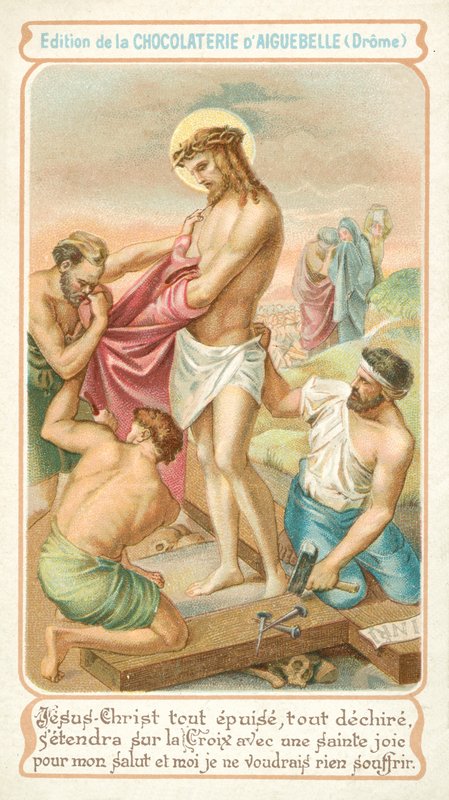 Wyczerpany Jezus przygotowuje się do przybicia do krzyża (chromolitho) autorstwa French School