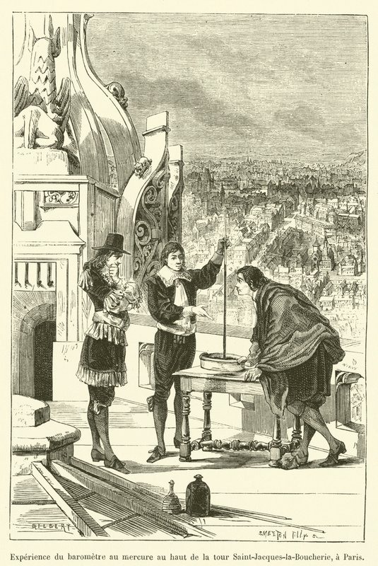 Doświadczenie barometru rtęci na szczycie wieży Saint-Jacques-la-Boucherie w Paryżu (grawerowanie) autorstwa French School