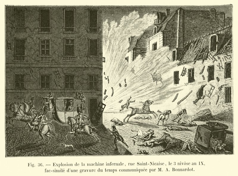 Eksplozja piekielnej maszyny, rue Saint-Nicaise, 3 Nivose, rok IX, faksymile ryciny z czasu przekazanej przez MA Bonnardota autorstwa French School