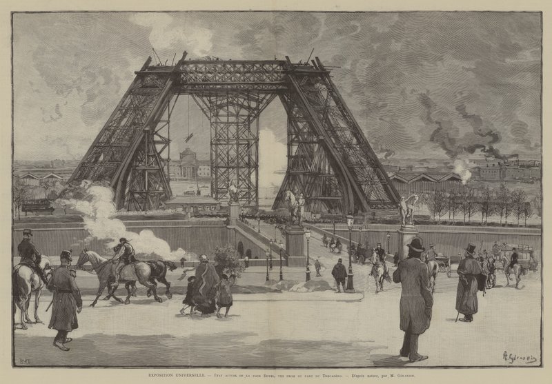 Exposition Universelle, obecny stan wieży Eiffla, widok z parku Trocadero (rycina) autorstwa French School