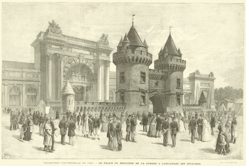 Wystawa powszechna z 1889 r., Pałac Ministerstwa Wojny przy Esplanade des Invalides (grafika) autorstwa French School